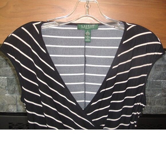 Ralph Lauren Cap Sleeve Black / Ivory Striped Midi Dress Size 4 EXCELLENT! - Picture 2 of 6